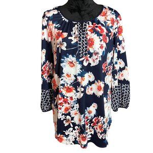 New Directions Blouse Womens XL Tunic Top Navy Red Floral Print Bell Sleeve Boho